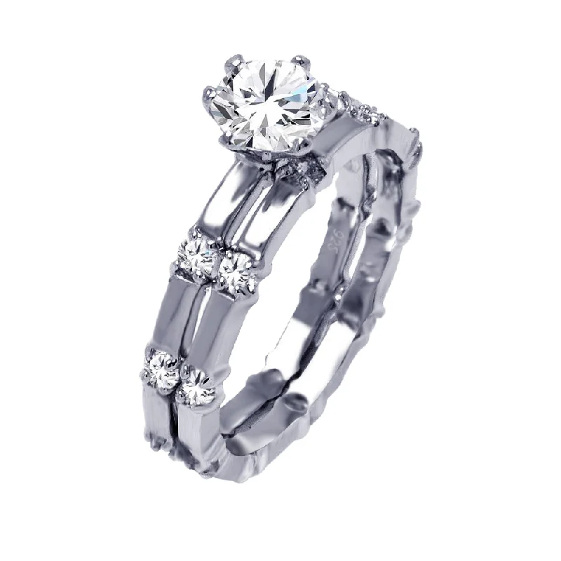 Ladies rings gothic appeal-Silver 925 Rhodium Plated Round Center Clear CZ Bridal Ring Set - BGR00384