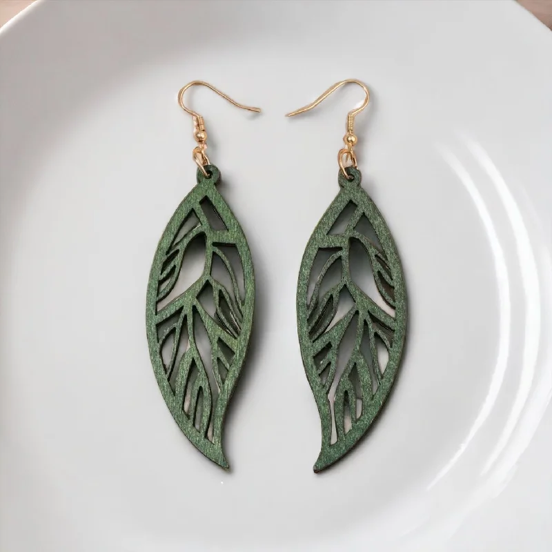 Ladies earrings bridal essentials-Green Hollow Feather Shaped Earrings