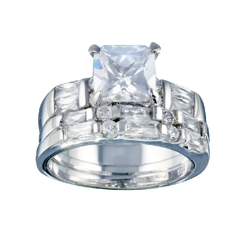 Ladies rings heart shapes-Rhodium Plated 925 Sterling Silver Clear Baguette Round Square Center CZ Bridal Ring Set - BGR00248