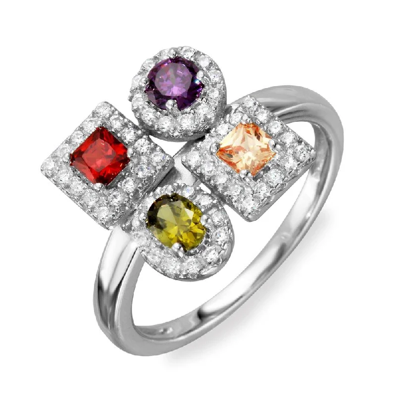 Ladies rings group designs-Rhodium Plated 925 Sterling Silver Multi Color 4 Design Ring - BGR01101