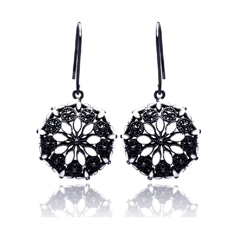 Ladies earrings friendship pairs-Clearance-Silver 925 Black Rhodium Plated Round Marquis Clear CZ Dangling Hook Earrings - BGE00193