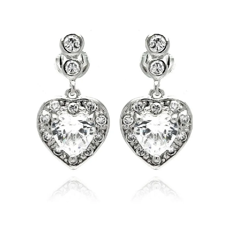 Ladies earrings casual vibes-Silver 925 Rhodium Plated Heart CZ Dangling Earrings - BGE00233