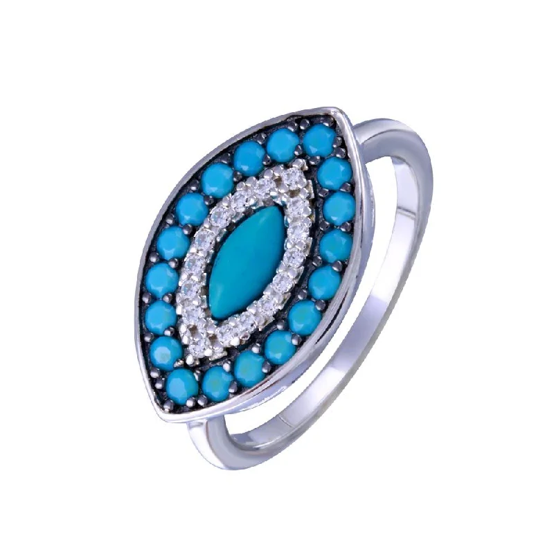 Ladies rings luxury brands-Rhodium Plated 925 Sterling Silver Turquoise Clear CZ Evil Eye Ring - BGR01338RHD