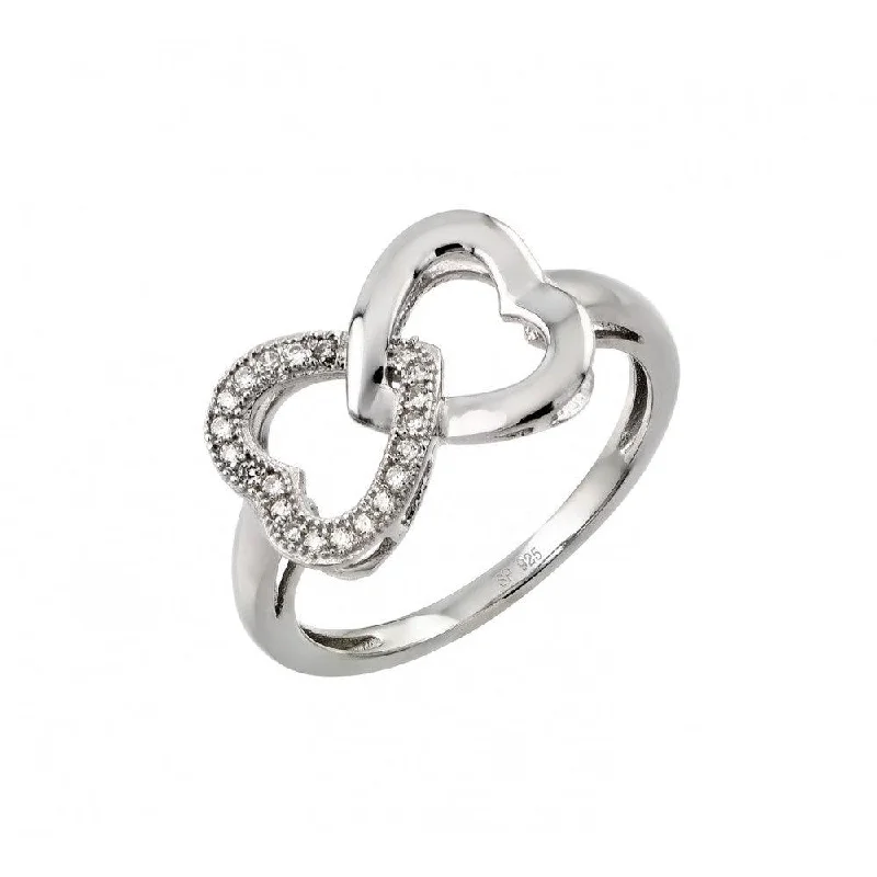 Ladies rings designer labels-Silver 925 Rhodium Plated Clear Inlay CZ Intertwined Heart Ring - STR00952