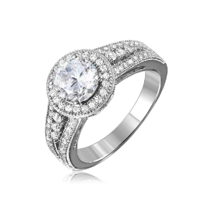 Ladies rings party wear-Silver 925 Rhodium Plated Halo Ring with CZ Split Shank Band - GMR00104