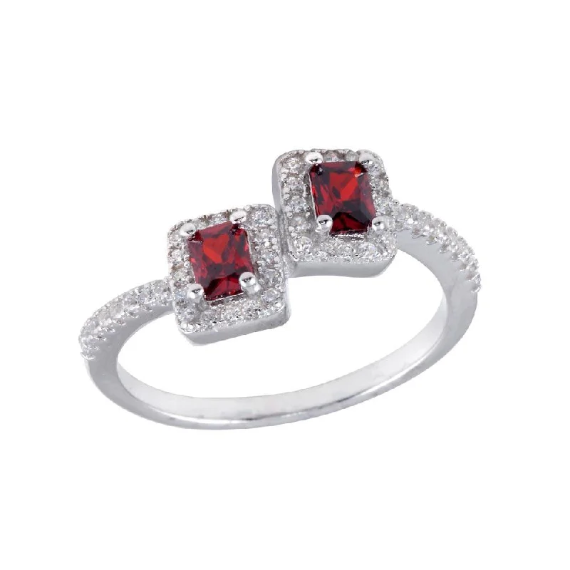 Ladies rings gift ideas-Rhodium Plated 925 Sterling Silver Double Square Red Center CZ Ring - BGR01254RED