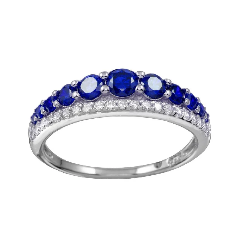 Ladies rings designer labels-Rhodium Plated 925 Sterling Silver Blue and Clear CZ Stones Ring - BGR01175BLU