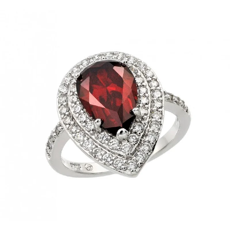 Ladies rings girlfriend surprises-Silver 925 Rhodium Plated Red Center and Clear Cluster CZ Teardrop Ring - BGR00887RED