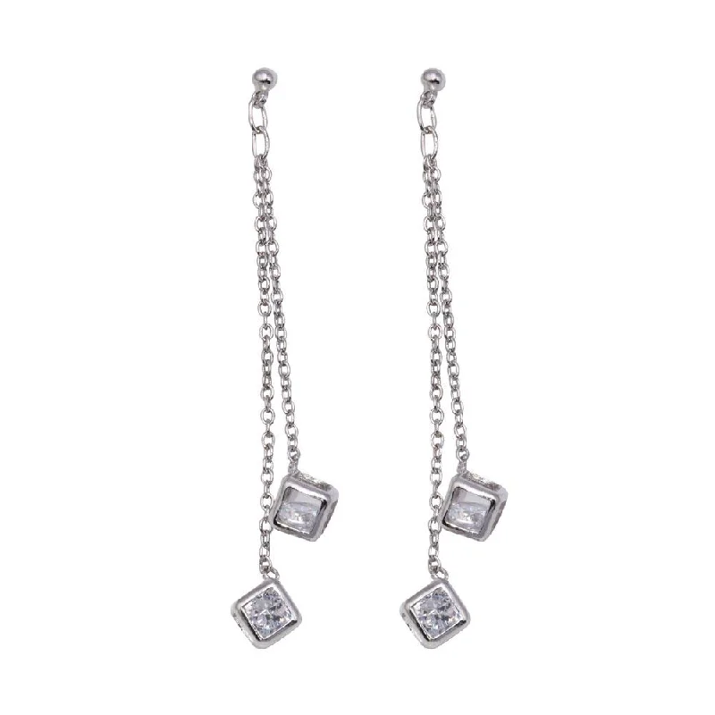 Ladies earrings classic designs-Silver 925 Rhodium Plated Two Wire Dangling Block CZ Hook Earrings - DSE00025