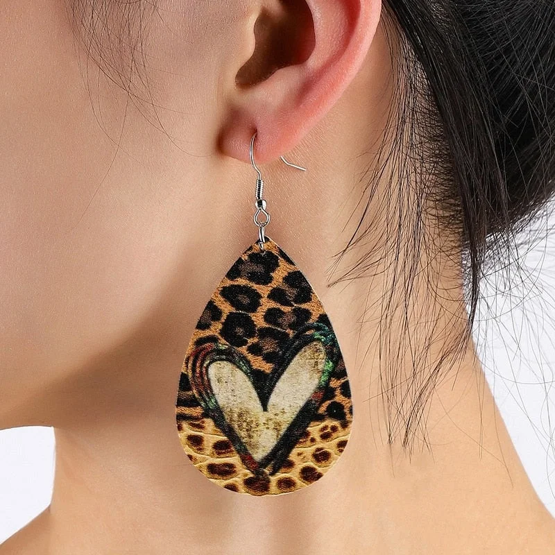 Ladies earrings gift choices-Leather Leopard Print Heart Earrings