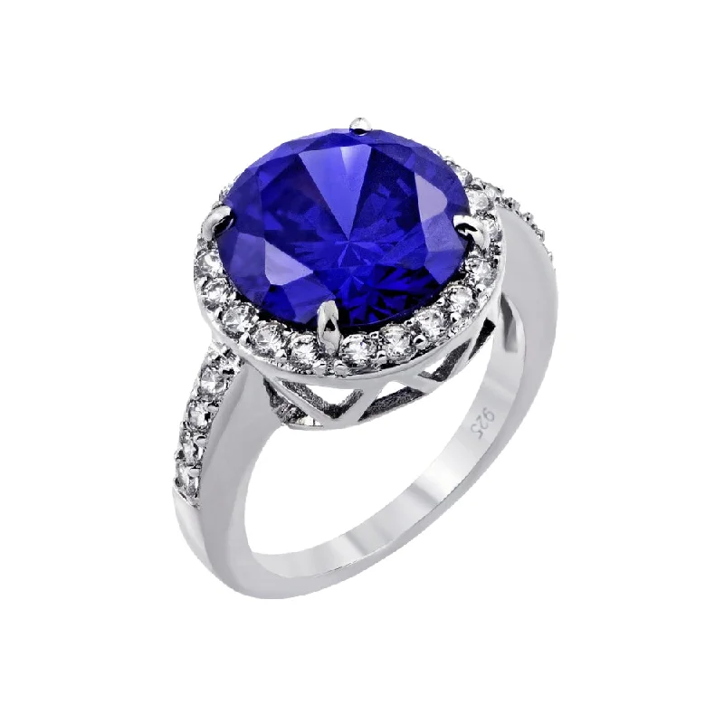 Ladies rings modern appeal-Silver 925 Rhodium Plated Blue Round and Clear Inlay CZ Bridal Ring - BGR00780