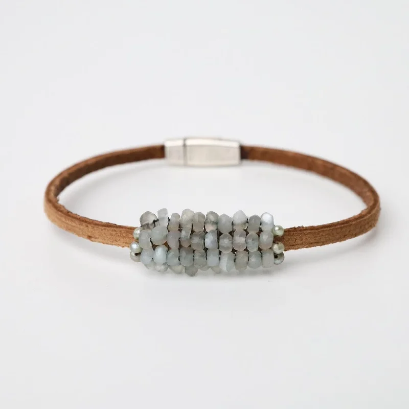 Ladies bracelets price range-Pale Green Moonstone & Pearl Deluxe Leather Bracelet