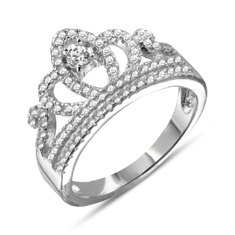 Ladies rings age suitability-Rhodium Plated 925 Sterling Silver Tiara with CZ Ring - BGR01108