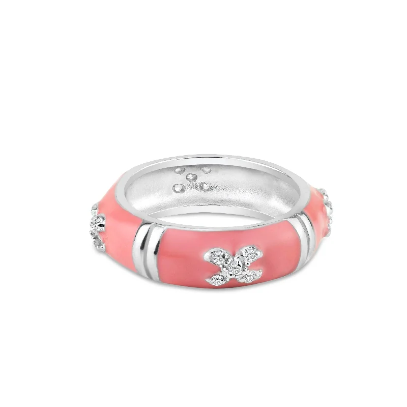 Ladies rings sentimental value-Clearance-Silver 925 Rhodium Plated Pink Enamel Pave Set CZ Ring - STR00519