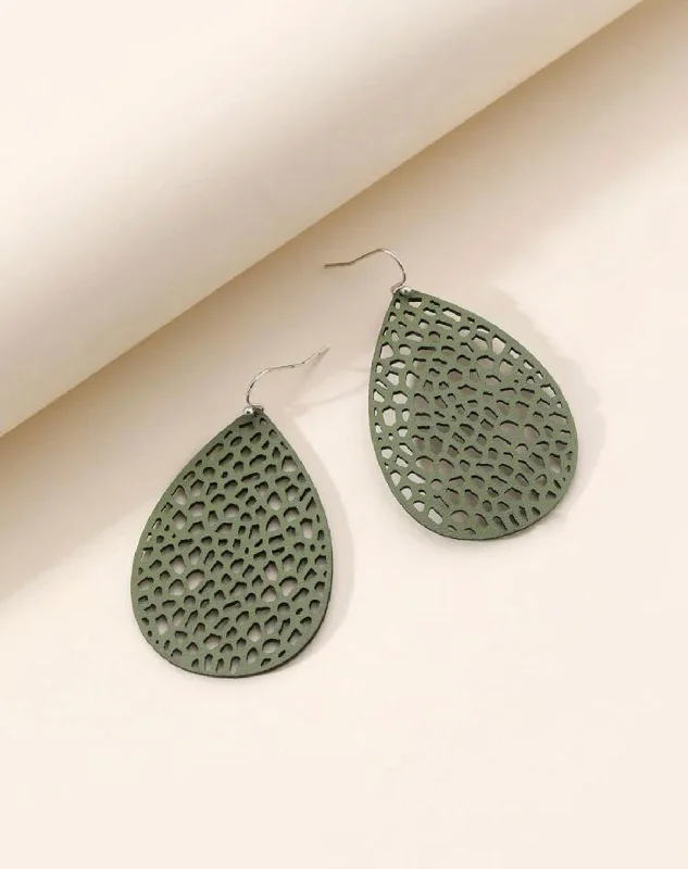 Ladies earrings modern appeal-Green Hollow Out Water Drop Earrings