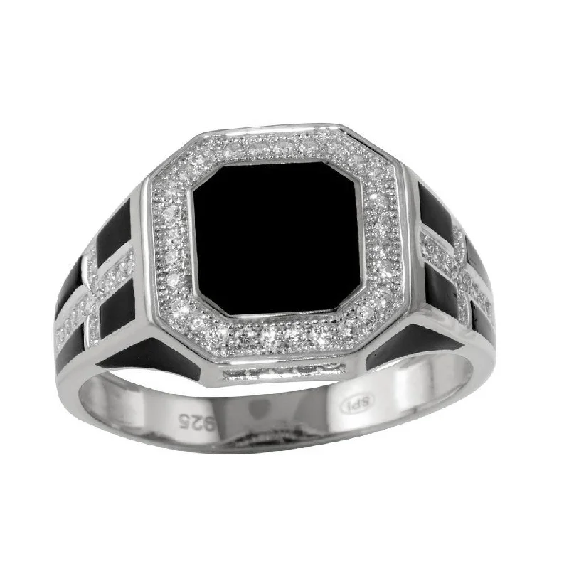 Ladies rings diamond accents-Rhodium Plated 925 Sterling Silver Square Cross Ring with CZ - GMR00248RH