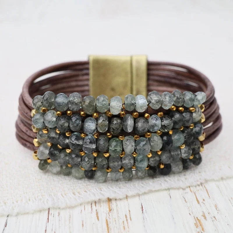 Ladies bracelets luxury brands-Moss Aqua with Gold Vermeil details on Multi-Gray Leather Bracelet