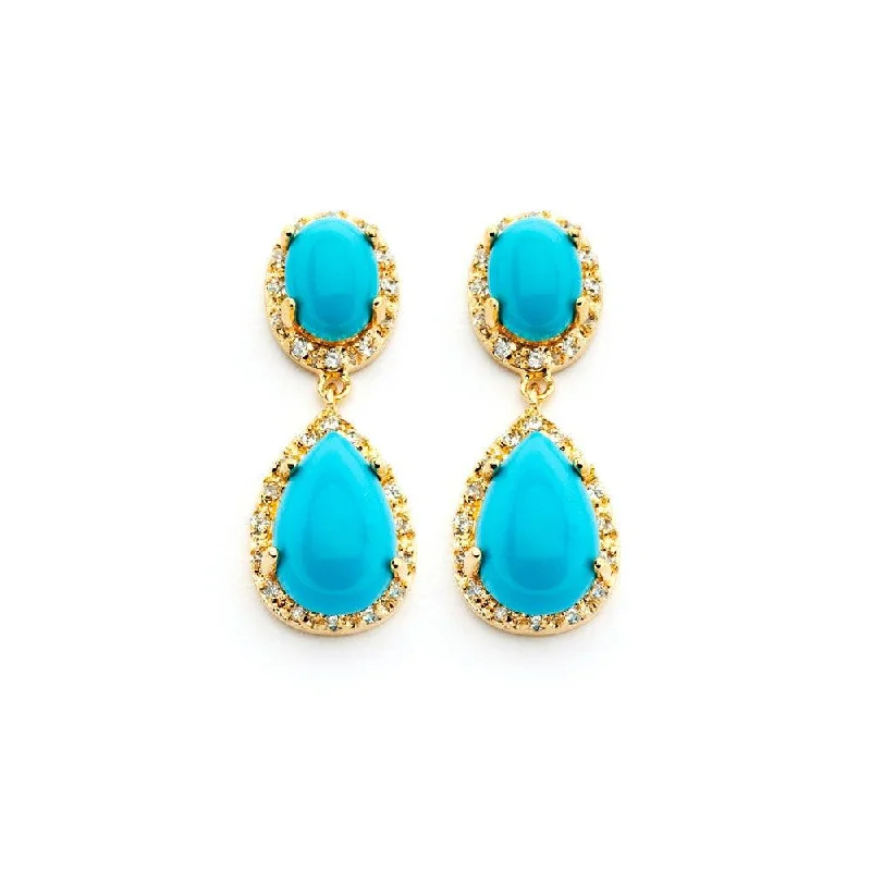 Ladies earrings gold-plated-Silver 925 Gold Rhodium Plated Round CZ Turquoise Teardrop Round Dangling Earrings - BGE00351