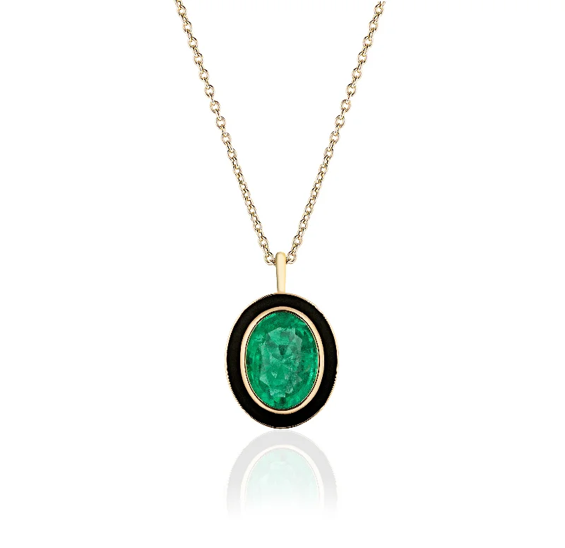 Ladies necklaces lightweight picks-Emerald Oval Pendant Necklace with Enamel