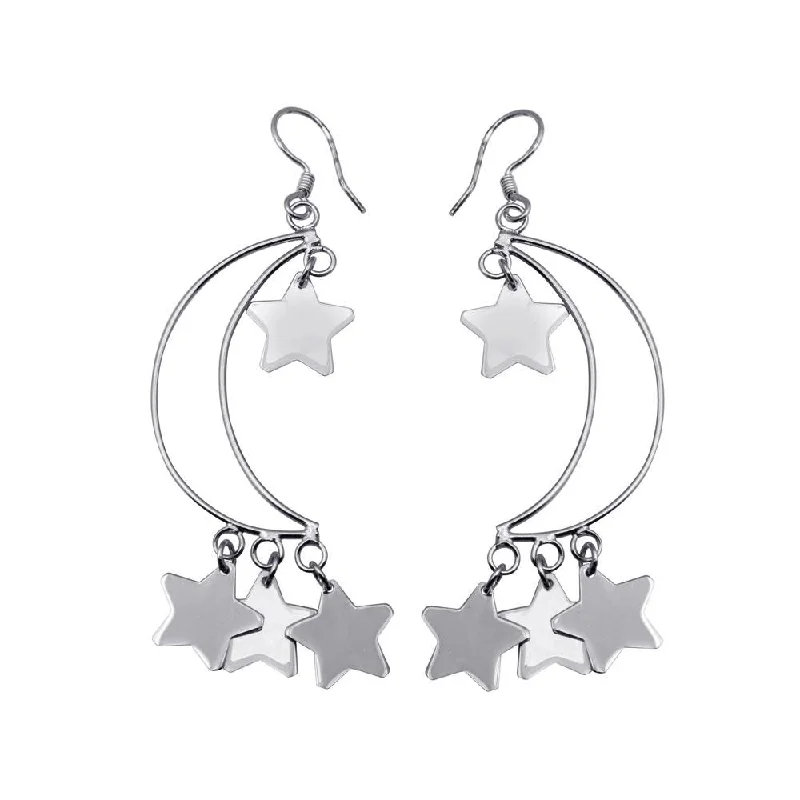 Ladies earrings openwork patterns-Silver 925 Rhodium Plated Open Crescent Moon Dangling Stars Hook Earrings - DSE00072