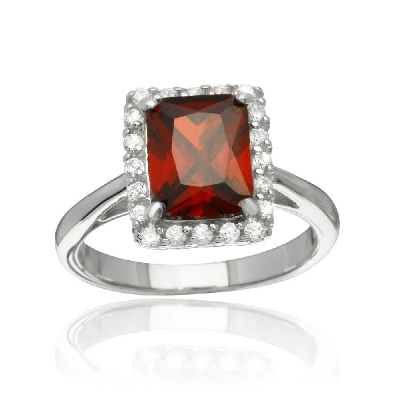 Ladies rings gold designs-Rhodium Plated 925 Sterling Silver Square Red CZ Halo Ring - BGR01113RED