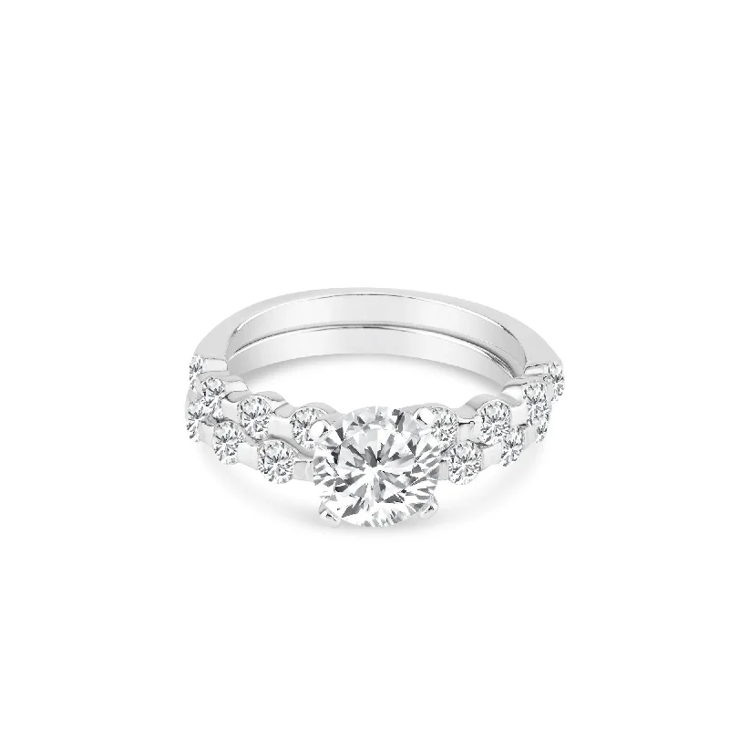 Ladies rings thumb styles-Rhodium Plated 925 Sterling Silver Clear Round Center CZ Bridal Ring Set - BGR00219