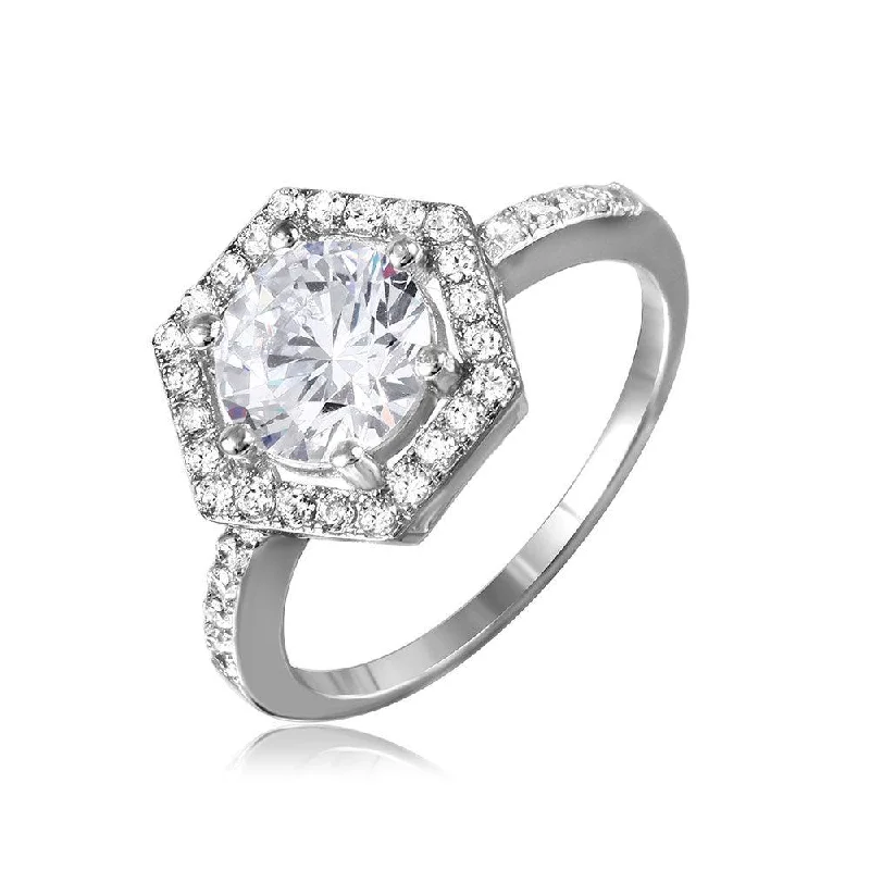 Ladies rings silver finishes-Silver 925 Rhodium Plated 6 Sides Design CZ Halo Ring - GMR00092