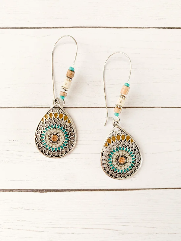 Ladies earrings openwork patterns-Vintage Drop Earrings with Turquoise and Tan Accents