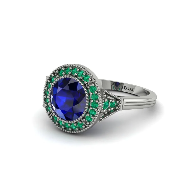 Ladies engagement rings vintage charm-Round Cut Sapphire Milgrain Halo Engagement Ring - Maggie No. 30