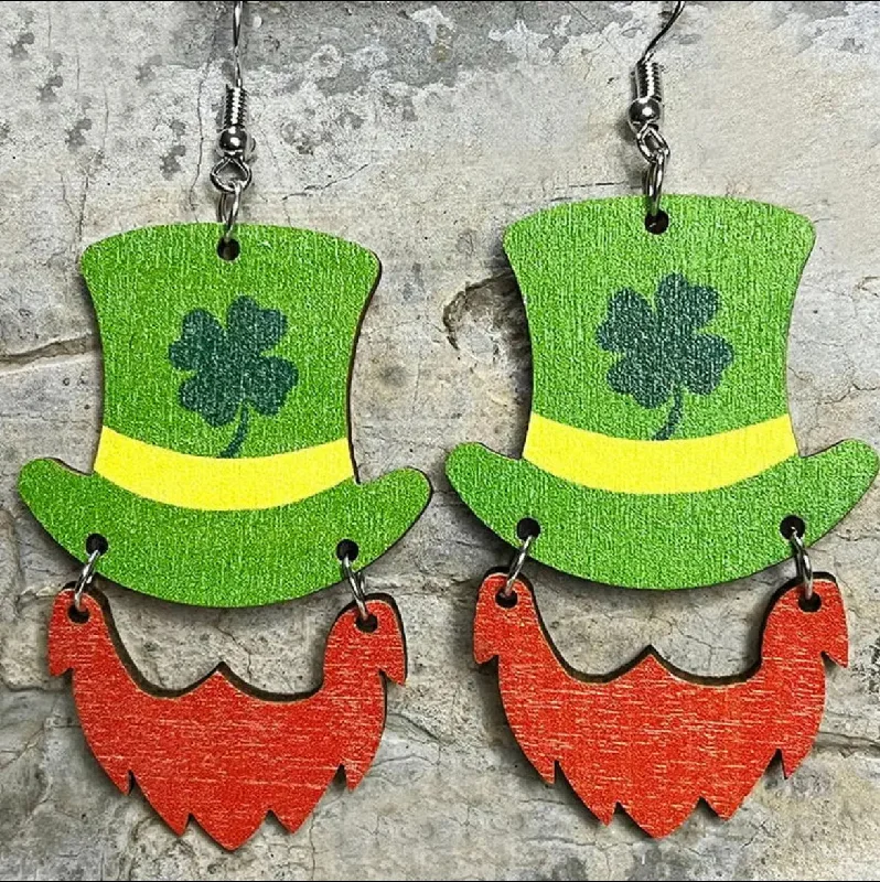 Ladies earrings group styles-Wooden Leprechaun Drop Earrings