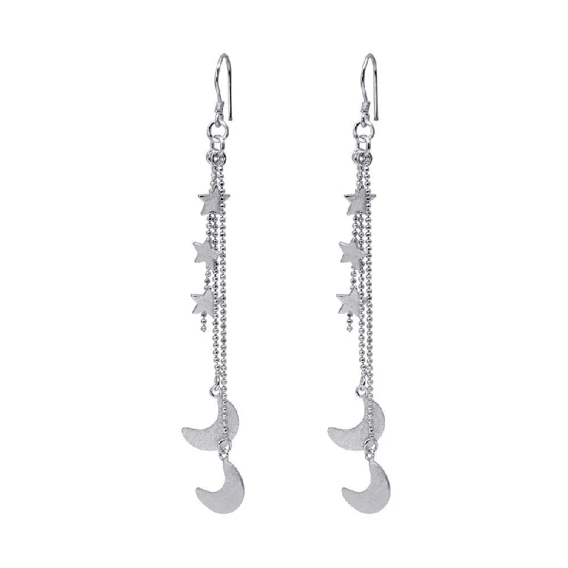 Ladies earrings gold designs-Silver 925 Rhodium Plated Wire Dangling Star and Crescent Moon Hook Earrings - DSE00033