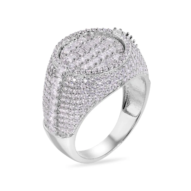 Ladies rings titanium options-Rhodium Plated 925 Sterling Silver Statement Baguette Clear CZ Round Top 17.5mm Ring - GMR00389