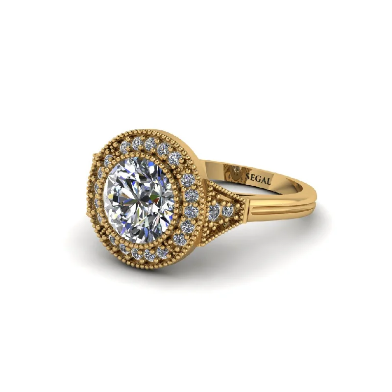 Ladies engagement rings sapphire accents-Round Cut Diamond Milgrain Halo Engagement Ring - Maggie No. 1