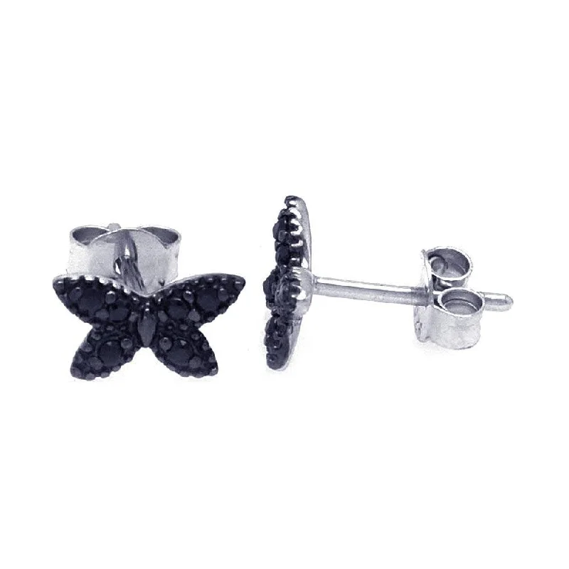 Ladies earrings gold-plated-Silver 925 Rhodium Plated Black Butterfly CZ Post Earrings - STE00698