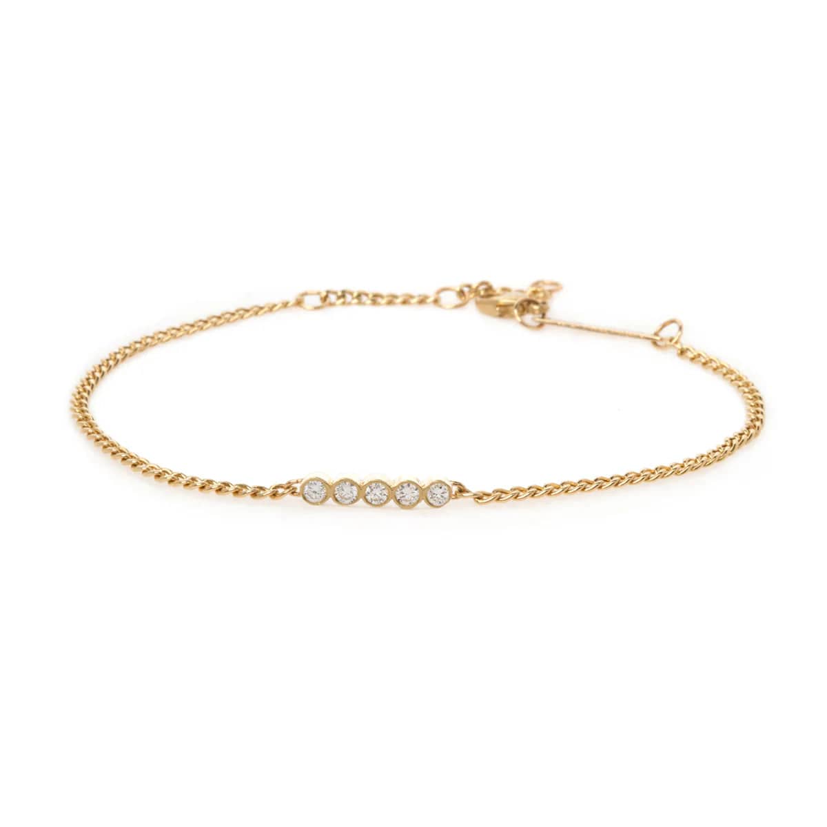 Ladies bracelets minimalist trends-14k 5 Diamond Bezel Bar Extra Small Curb Chain Bracelet