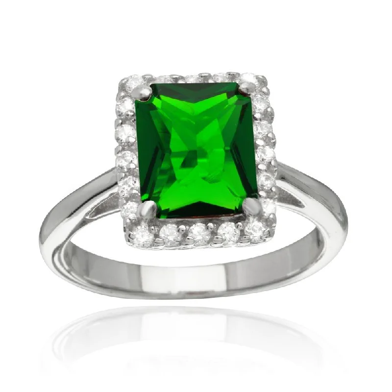 Ladies rings Valentine’s Day-Rhodium Plated 925 Sterling Silver Square Green CZ Halo Ring - BGR01113GRN