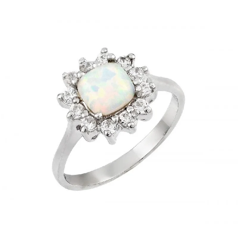 Ladies rings open patterns-Silver 925 Rhodium Plated Opal Clear Cluster CZ Flower Ring - STR00995