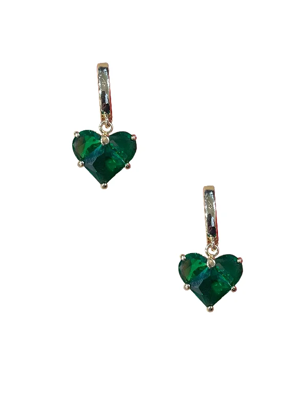 Ladies earrings silver finishes-Gold Love Heart Earring - Green