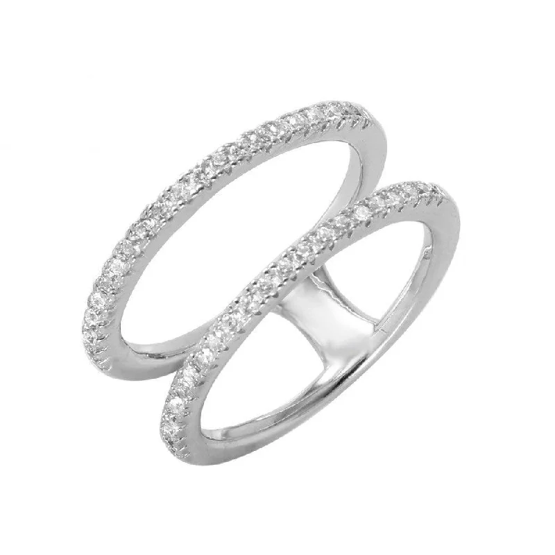 Ladies rings group designs-Silver 925 Rhodium Plated Twin Band CZ Ring - GMR00042