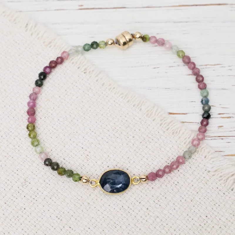 Ladies bracelets pearl details-Kyanite Link & Rainbow Tourmaline Bracelet