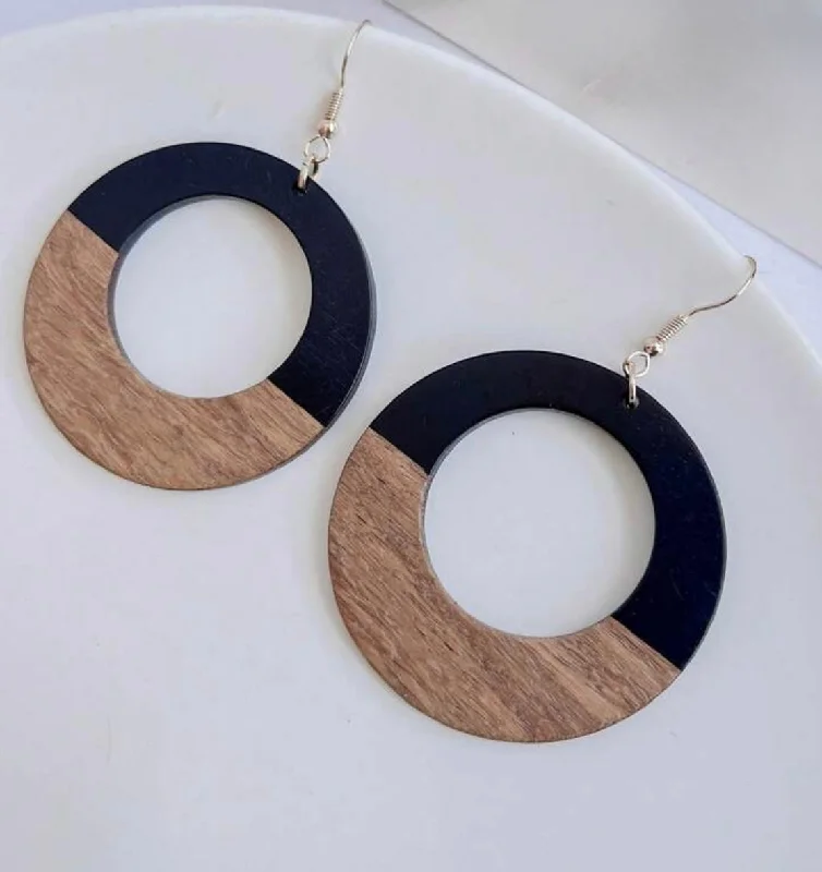 Ladies earrings sentimental value-Round Wood and Black Resin Drop Earrings