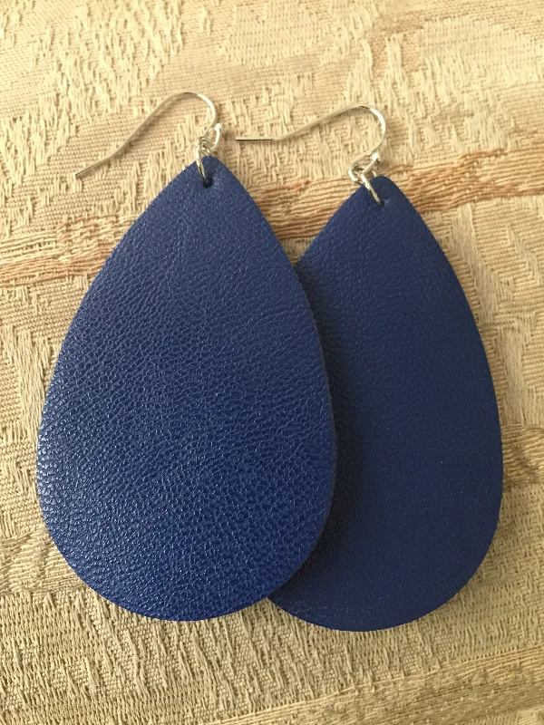 Ladies earrings geometric patterns-NAVY BLUE FAUX LEATHER DROP EARRINGS