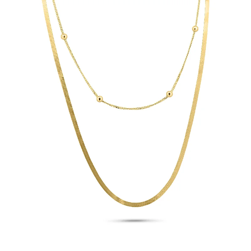 Ladies rings global brands-Gold Plated 925 Sterling Silver Herringbone and Curb Beaded Dual Strand Adjustable Necklace - GCN00002