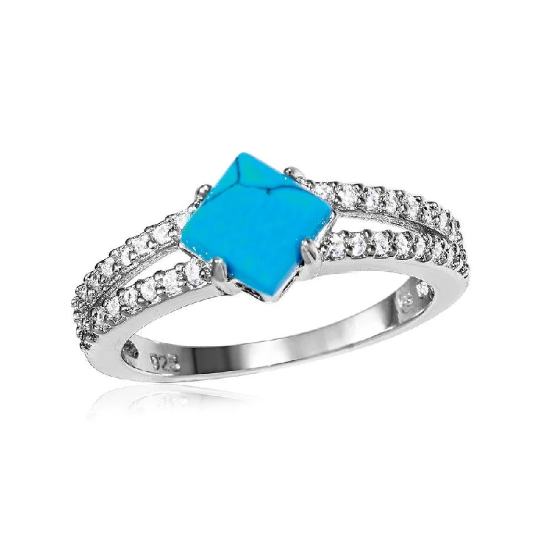 Ladies rings middle finger-Silver 925 Rhodium Plated Turquoise Center Stone Ring with CZ Shank - BGR01057