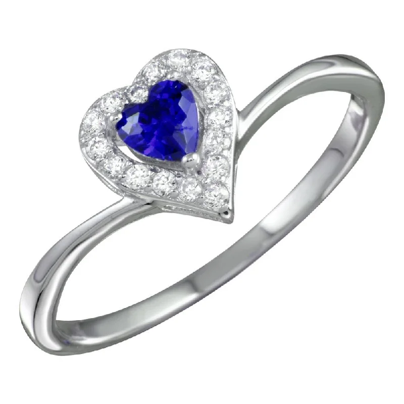 Ladies rings fashion picks-Rhodium Plated 925 Sterling Silver Blue Heart Ring with CZ - BGR01153BLU