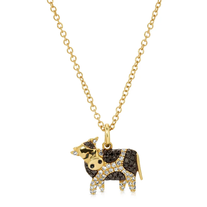 Ladies necklaces casual vibes-Black+White Diamond Cow Charm Necklace