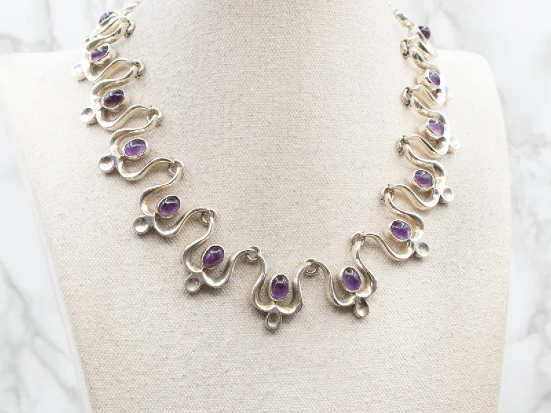 Ladies necklaces celebrity trends-Sterling Silver Bold Amethyst Tulip-Link Collar Necklace