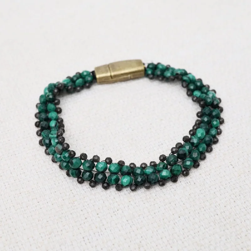 Ladies bracelets stacked styles-Hand Woven Soft Bracelet of Malachite & Smokey Quartz Trim Bracelet