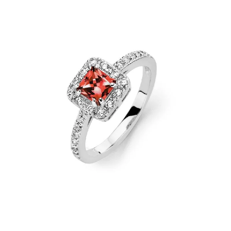 Ladies rings mature styles-Silver 925 Rhodium Plated Clear Micro Pave Set Red Square Center CZ Bridal Ring - BGR00733