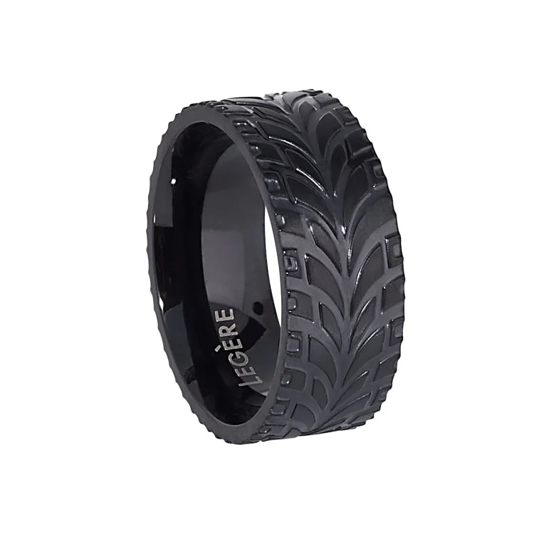 Ladies rings customer reviews-Black IP Finish Stainless Steel Feathered Band  - Size 8